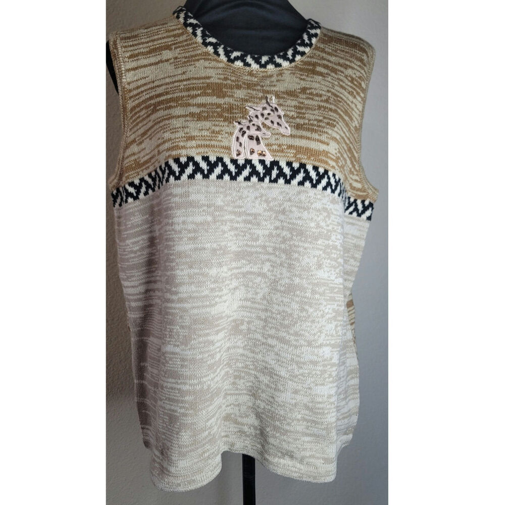 Storybook Knits Vintage Safari Sweater Vest With Giraffe Applique Women's Sz XL